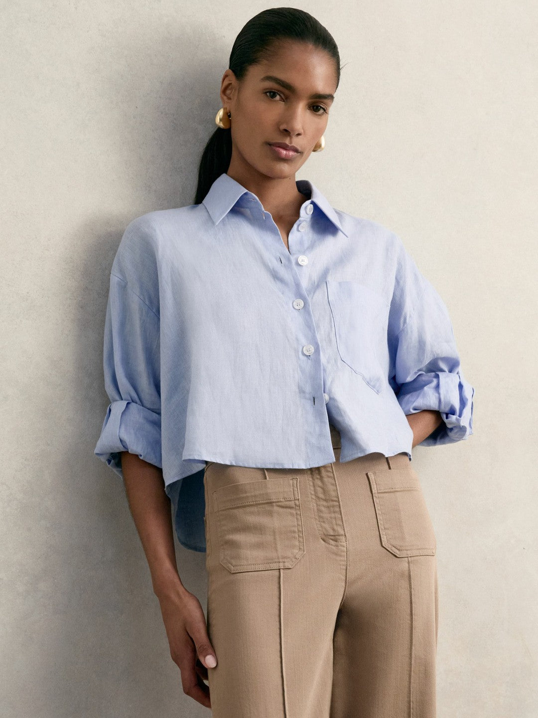 Reiss Oversize Linen Cropped Shirt in Blue