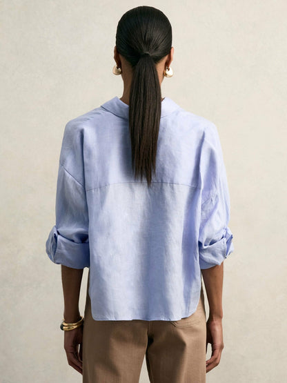 Reiss Oversize Linen Cropped Shirt in Blue