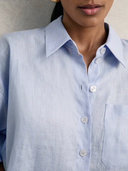 Reiss Oversize Linen Cropped Shirt in Blue