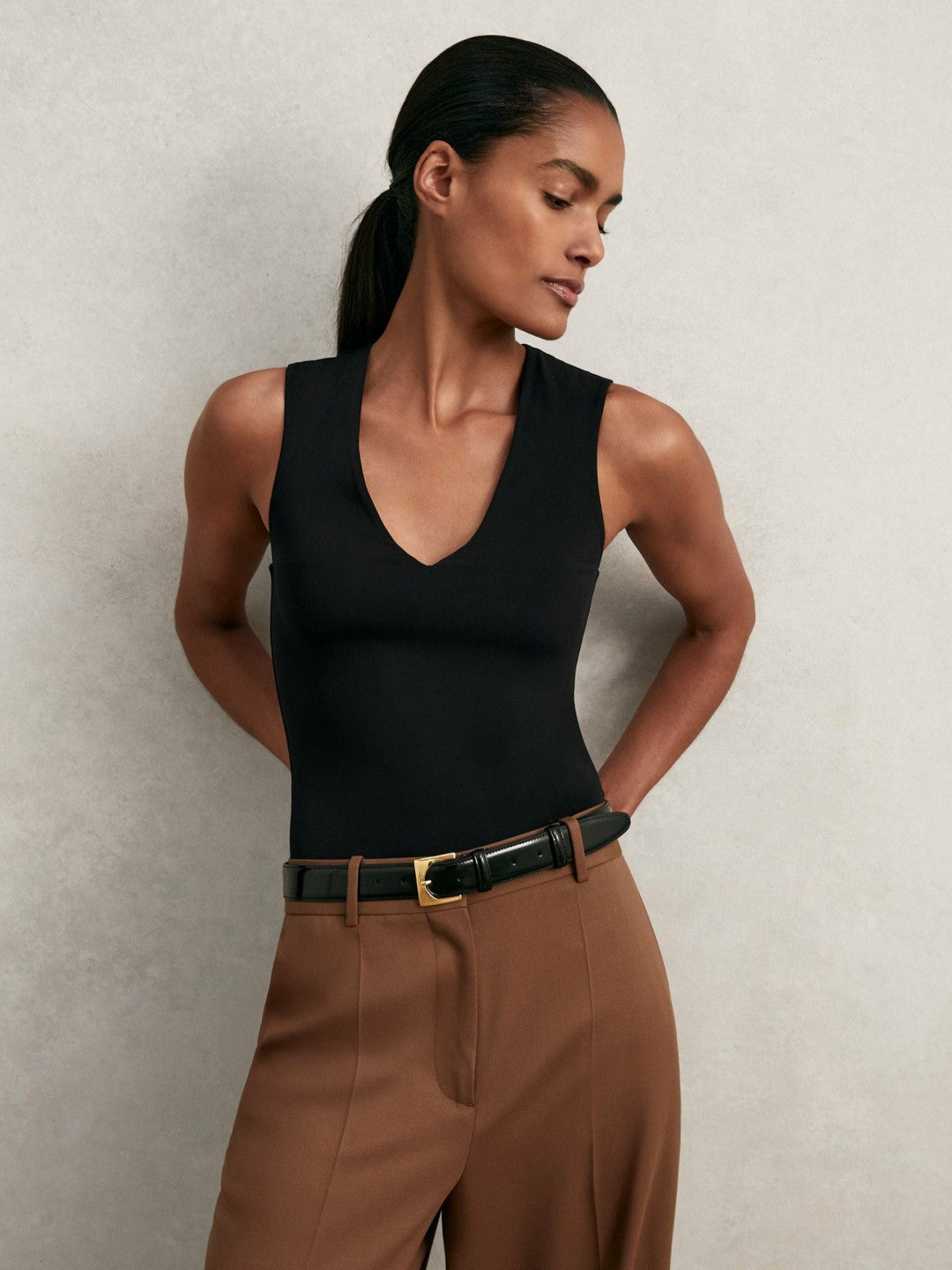 Reiss V-Neck Sleeveless Bodysuit in Black