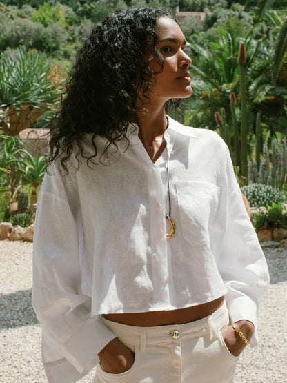 Reiss Oversize Linen Cropped Shirt in White