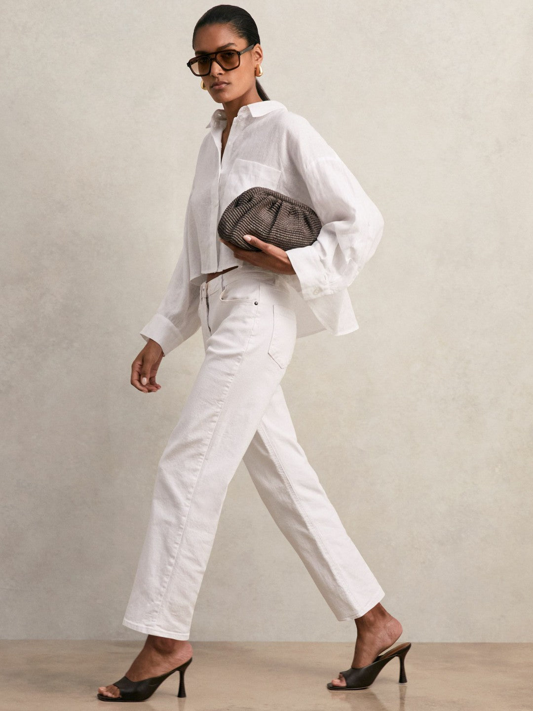 Reiss Oversize Linen Cropped Shirt in White
