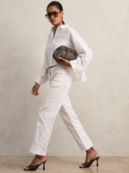 Reiss Oversize Linen Cropped Shirt in White