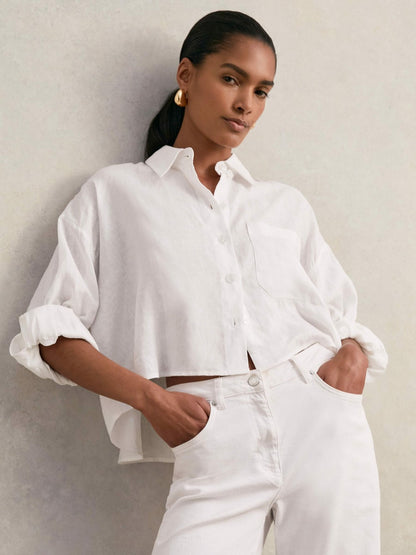 Reiss Oversize Linen Cropped Shirt in White