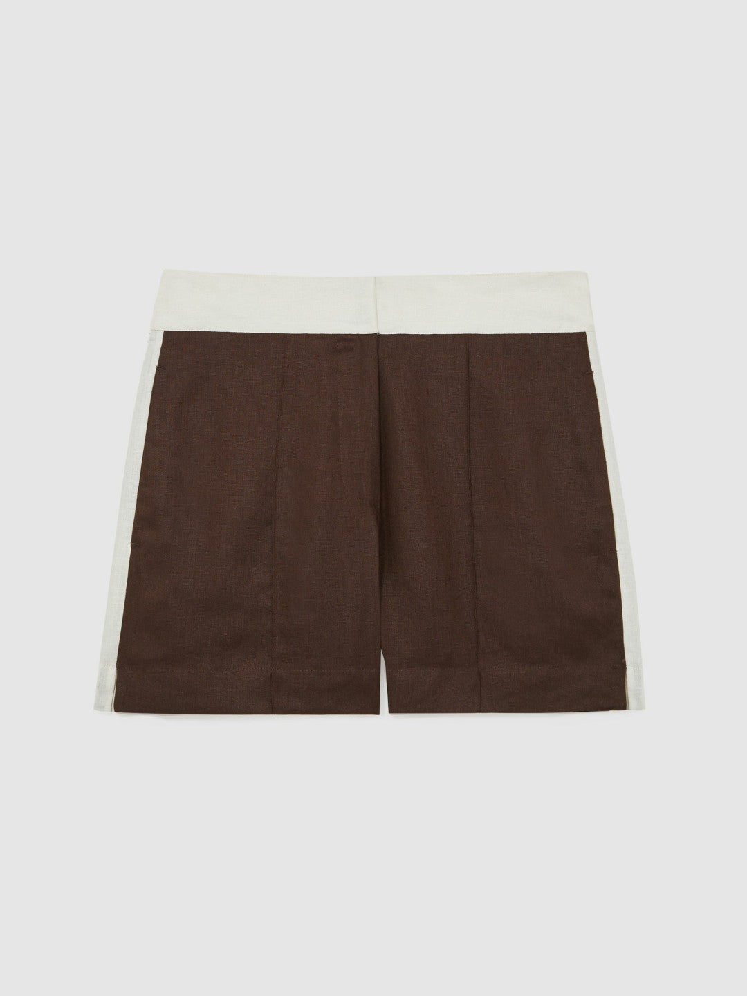 Reiss Linen Colourblock Shorts in Chocolate/Cream