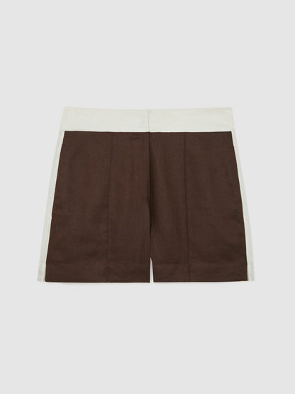 Reiss Linen Colourblock Shorts in Chocolate/Cream
