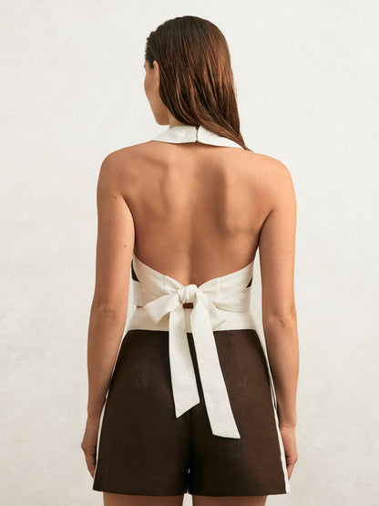 Reiss Linen Colourblock Shorts in Chocolate/Cream
