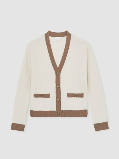 Reiss Wool Colourblock Cardigan in Cream/Neutral