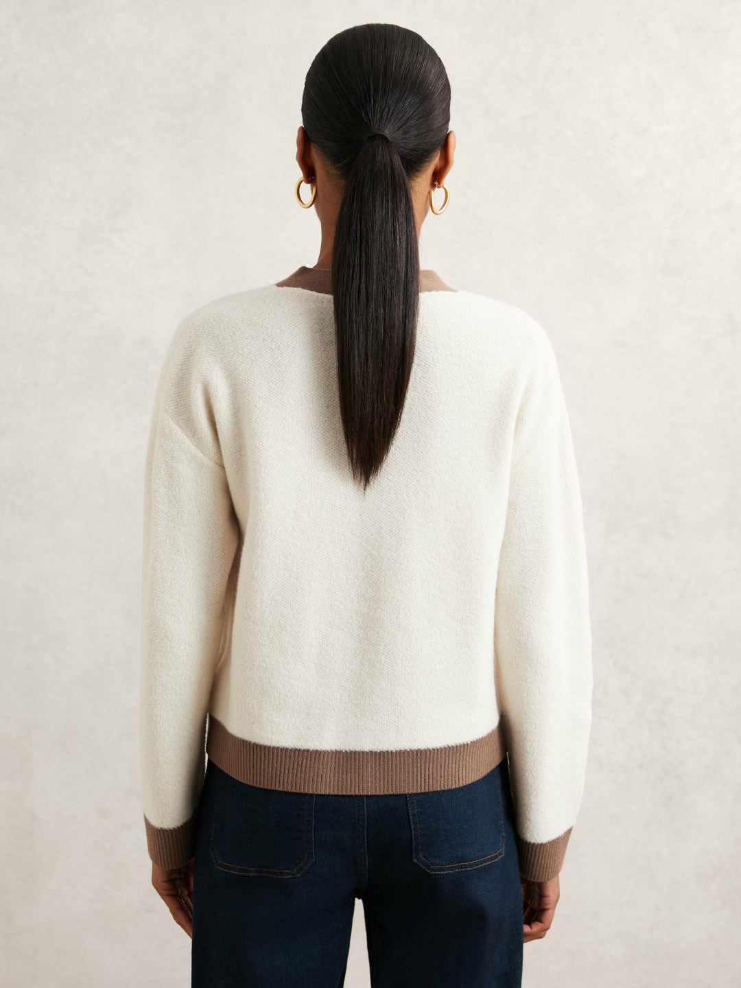 Reiss Wool Colourblock Cardigan in Cream/Neutral