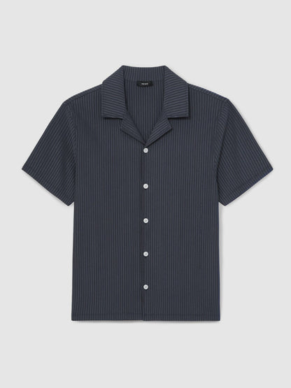 Reiss Textured-Stripe Cuban-Collar Shirt in Petrol Blue