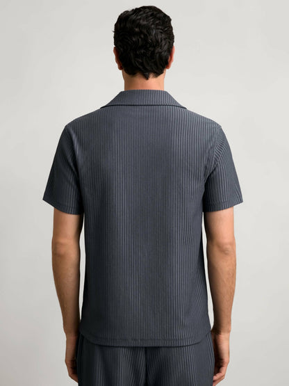 Reiss Textured-Stripe Cuban-Collar Shirt in Petrol Blue