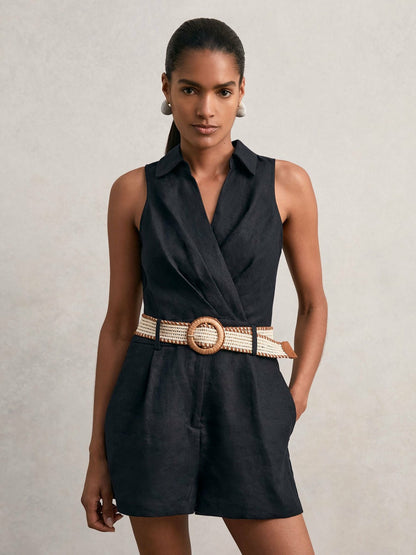 Reiss Linen Belted Sleeveless Wrap Playsuit in Navy