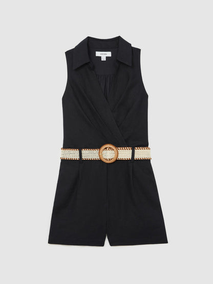 Reiss Linen Belted Sleeveless Wrap Playsuit in Navy