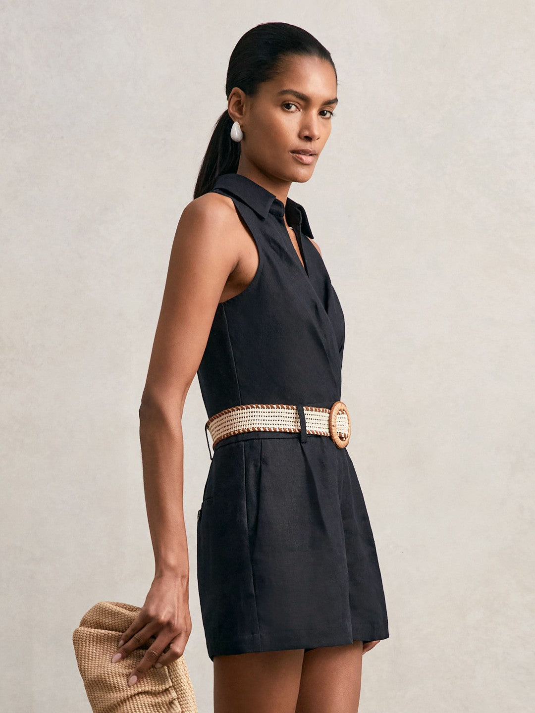 Reiss Linen Belted Sleeveless Wrap Playsuit in Navy