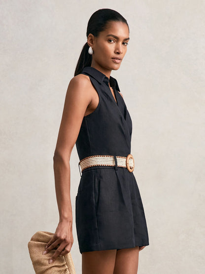 Reiss Linen Belted Sleeveless Wrap Playsuit in Navy