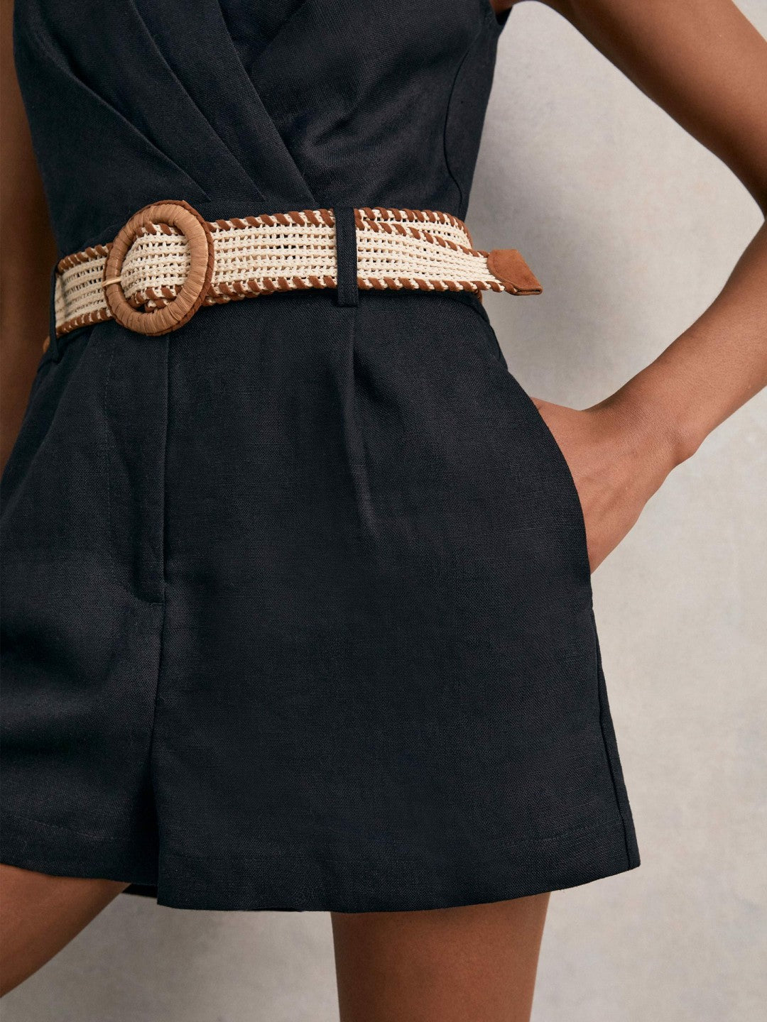 Reiss Linen Belted Sleeveless Wrap Playsuit in Navy