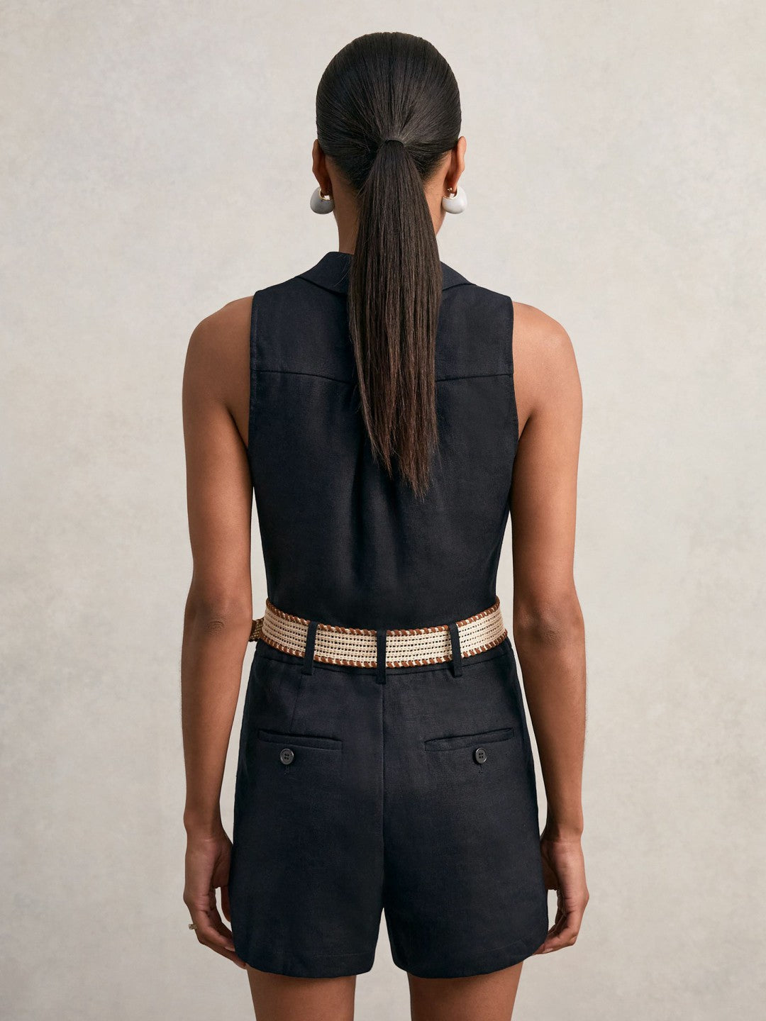 Reiss Linen Belted Sleeveless Wrap Playsuit in Navy