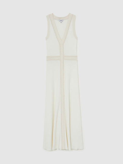 Reiss Craft-Stitch Knitted Midi Dress in Ivory