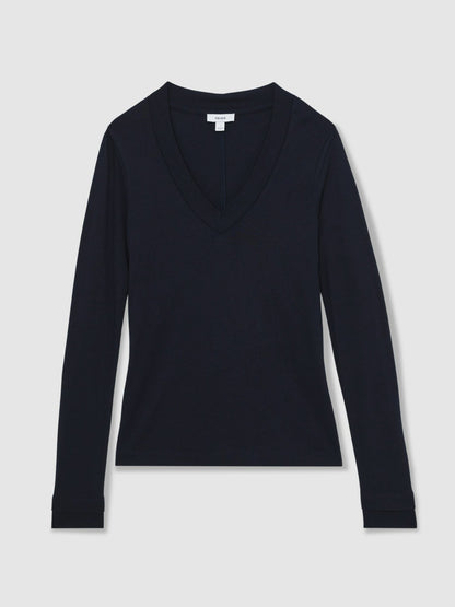Reiss Jersey V-Neck Top in Navy