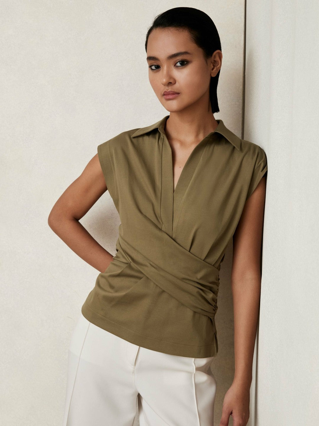 Reiss Stretch-Cotton Wrap-Front Collar Top in Khaki Green