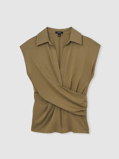 Reiss Stretch-Cotton Wrap-Front Collar Top in Khaki Green