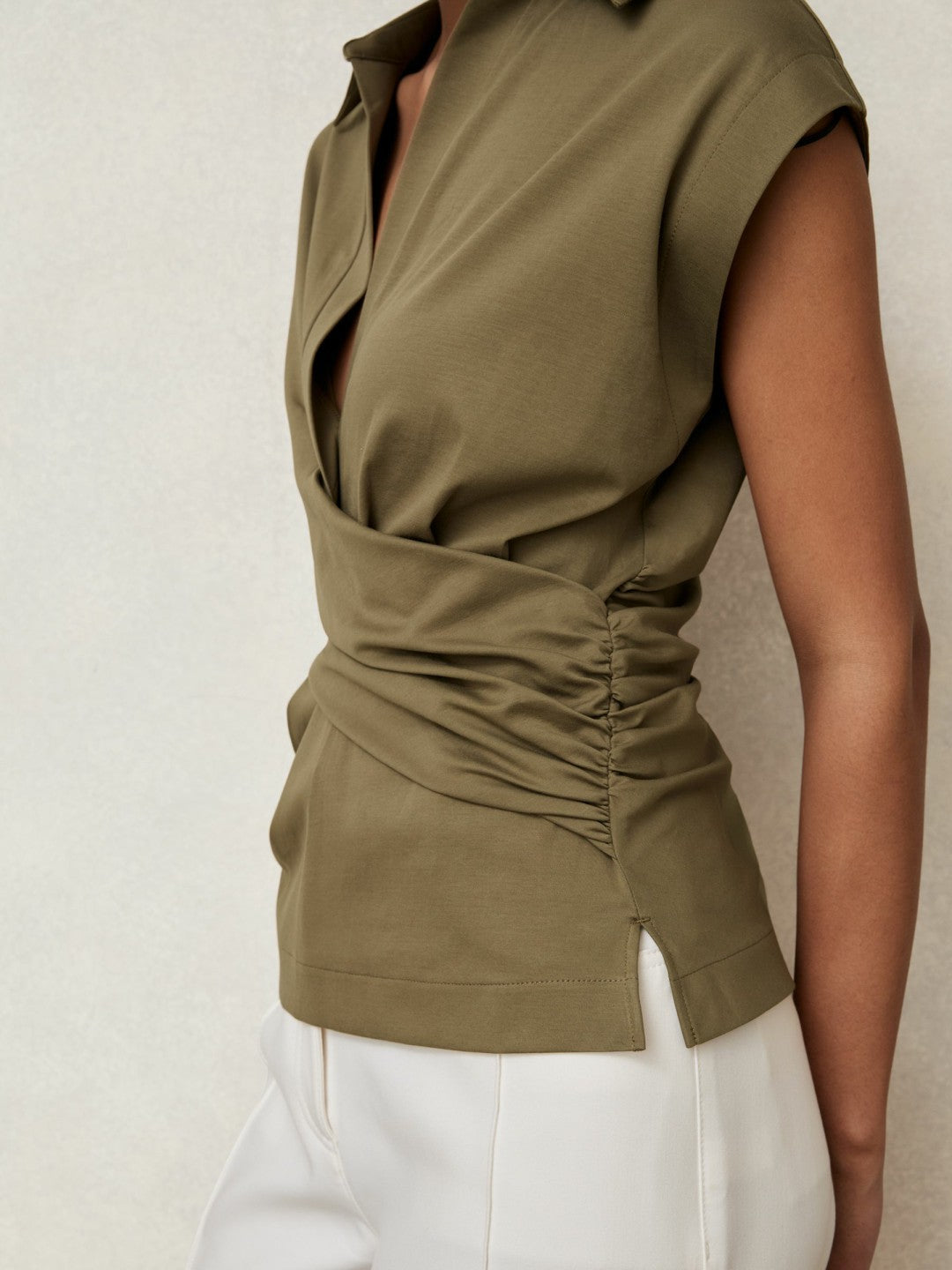 Reiss Stretch-Cotton Wrap-Front Collar Top in Khaki Green