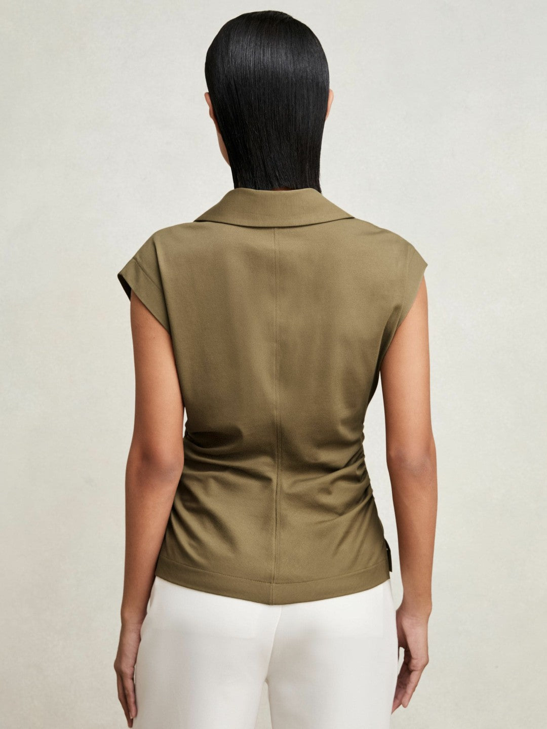 Reiss Stretch-Cotton Wrap-Front Collar Top in Khaki Green