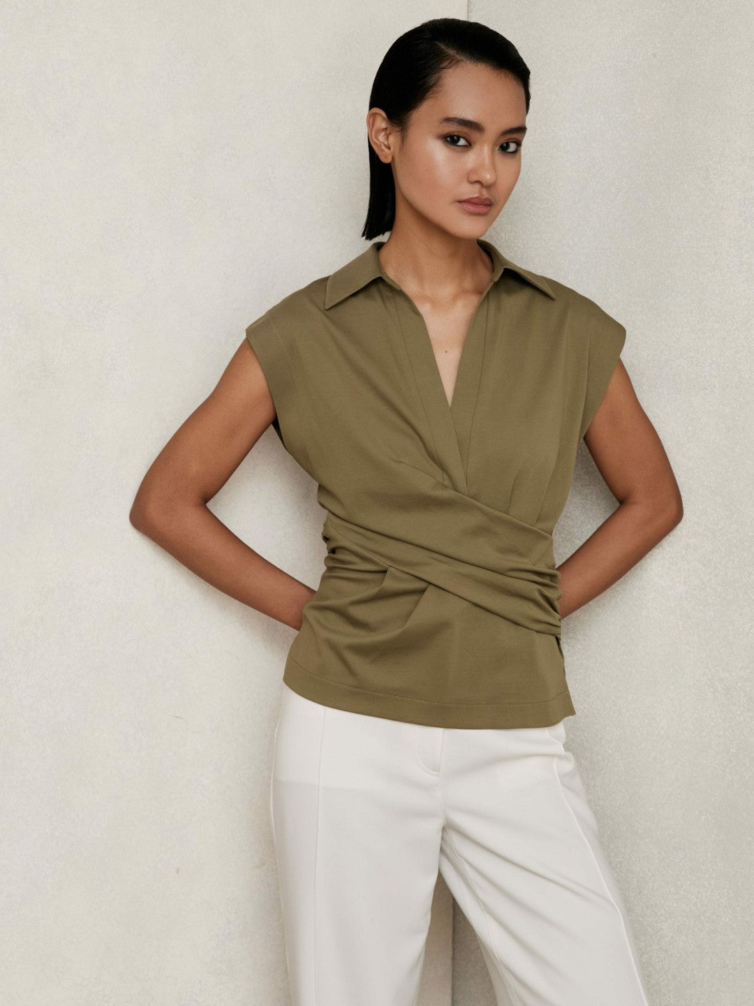 Reiss Stretch-Cotton Wrap-Front Collar Top in Khaki Green