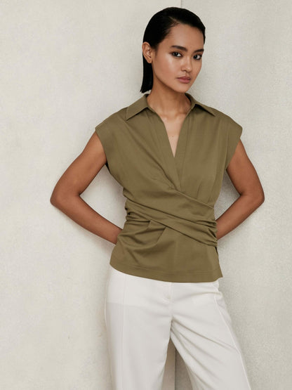 Reiss Stretch-Cotton Wrap-Front Collar Top in Khaki Green