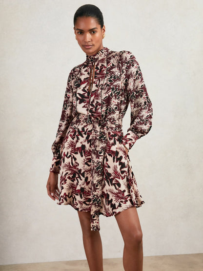 Reiss Printed Tie-Waist Flippy Mini Dress in Burgundy/Cream