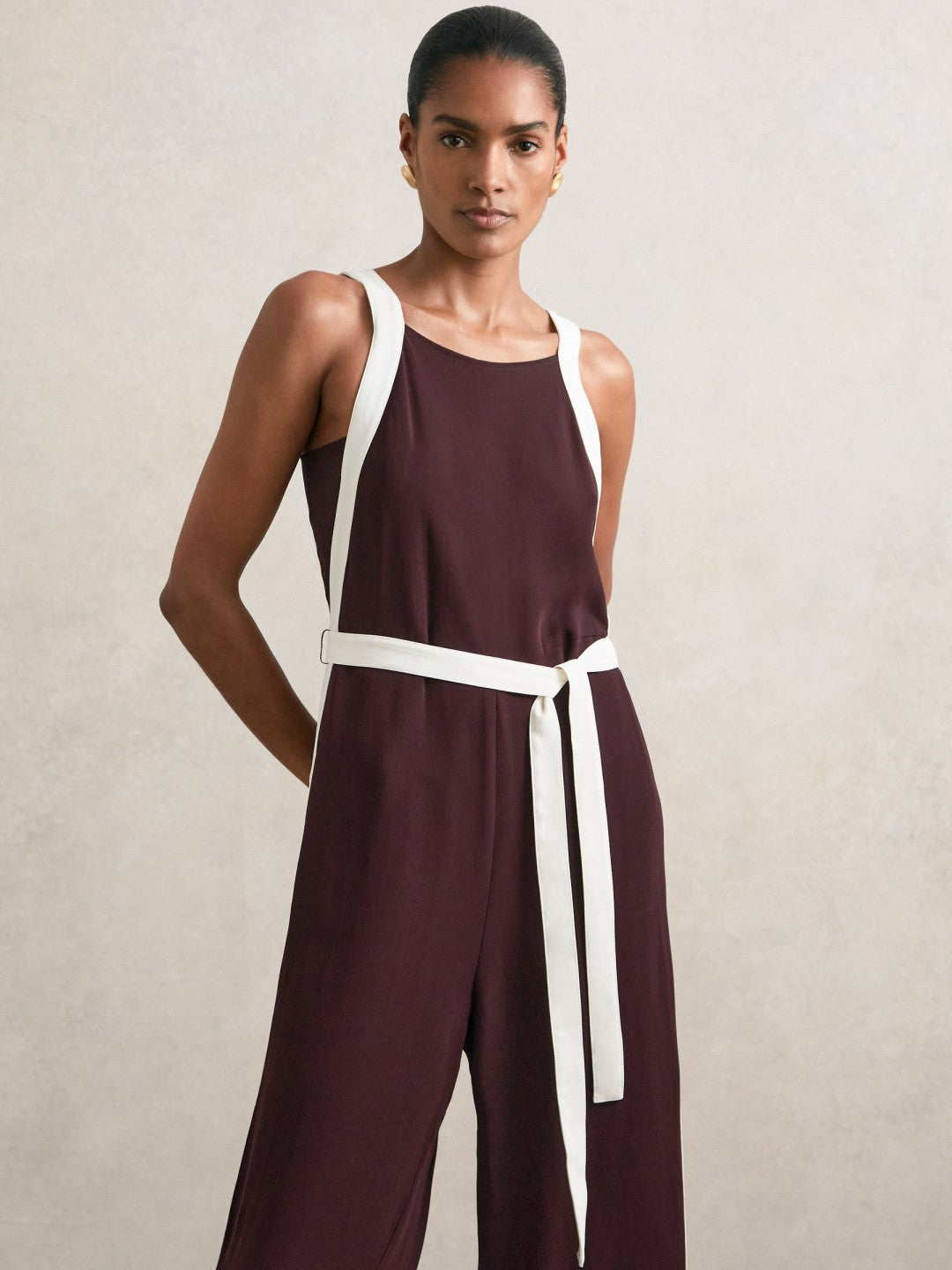 Reiss Colourblock Wide Leg Belted Jumpsuit in Burgundy/Cream