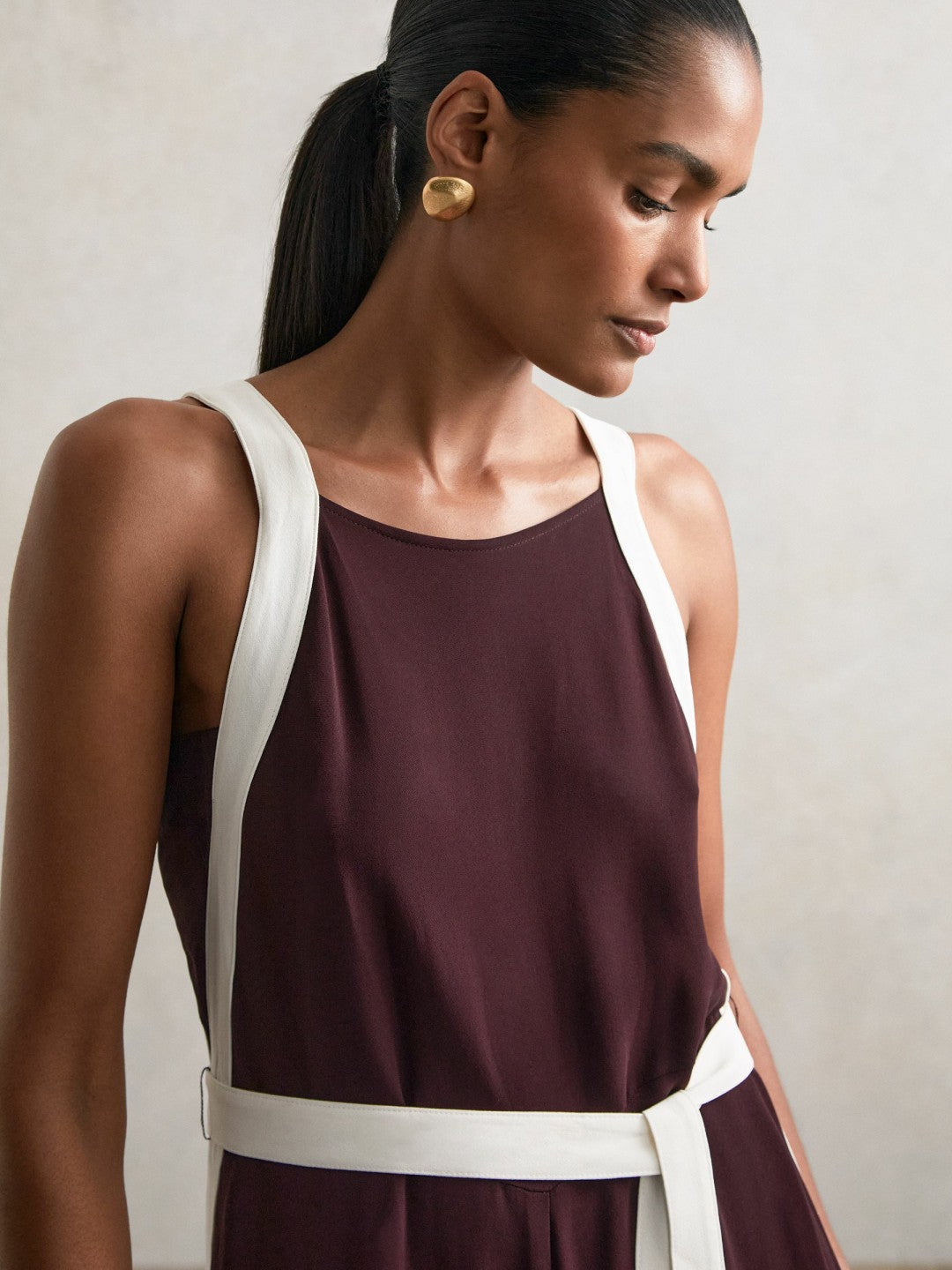 Reiss Colourblock Wide Leg Belted Jumpsuit in Burgundy/Cream
