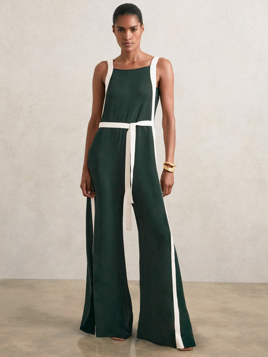 Reiss Colourblock Wide Leg Belted Jumpsuit in Dark Green/Cream