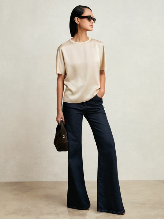 Reiss Silk Short-Sleeve Top in Champagne Neutral