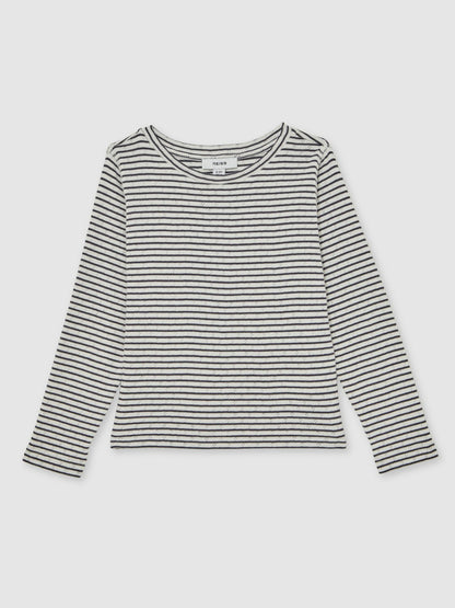 Reiss 13-14 yrs Cotton Pointelle Long Sleeve Top in Navy/White