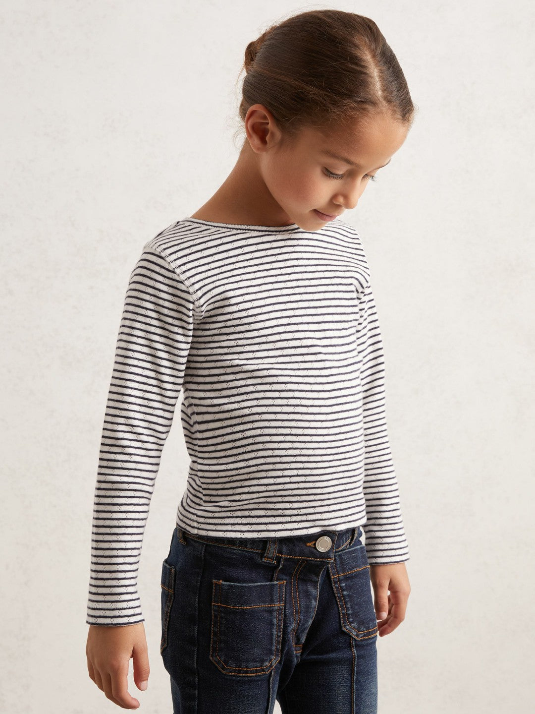 Reiss 9-13 yrs Cotton Pointelle Long Sleeve Top in Navy/White