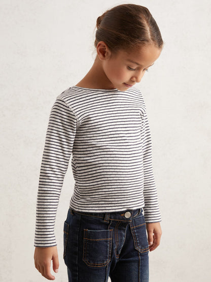 Reiss 9-13 yrs Cotton Pointelle Long Sleeve Top in Navy/White