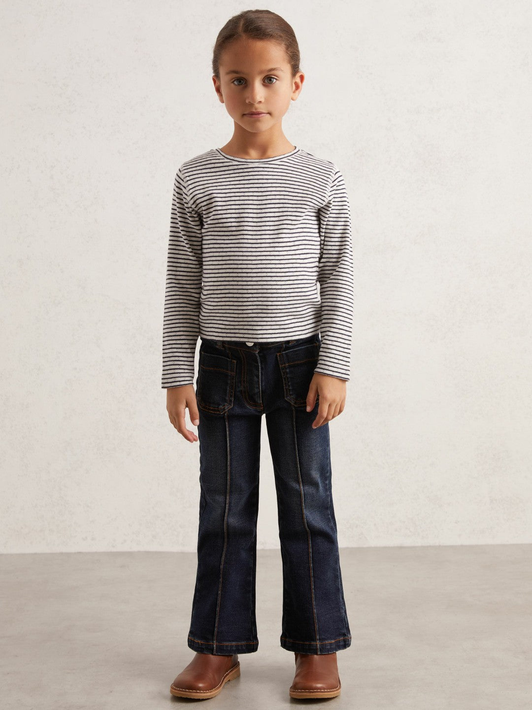 Reiss 9-13 yrs Cotton Pointelle Long Sleeve Top in Navy/White