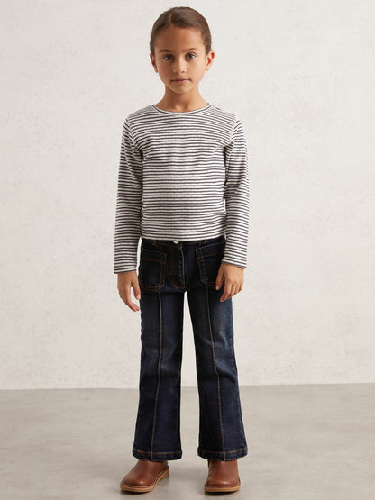 Reiss 9-13 yrs Cotton Pointelle Long Sleeve Top in Navy/White