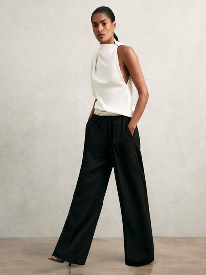 Reiss Petite Wide-Leg Contrast-Waistband Trousers in Black