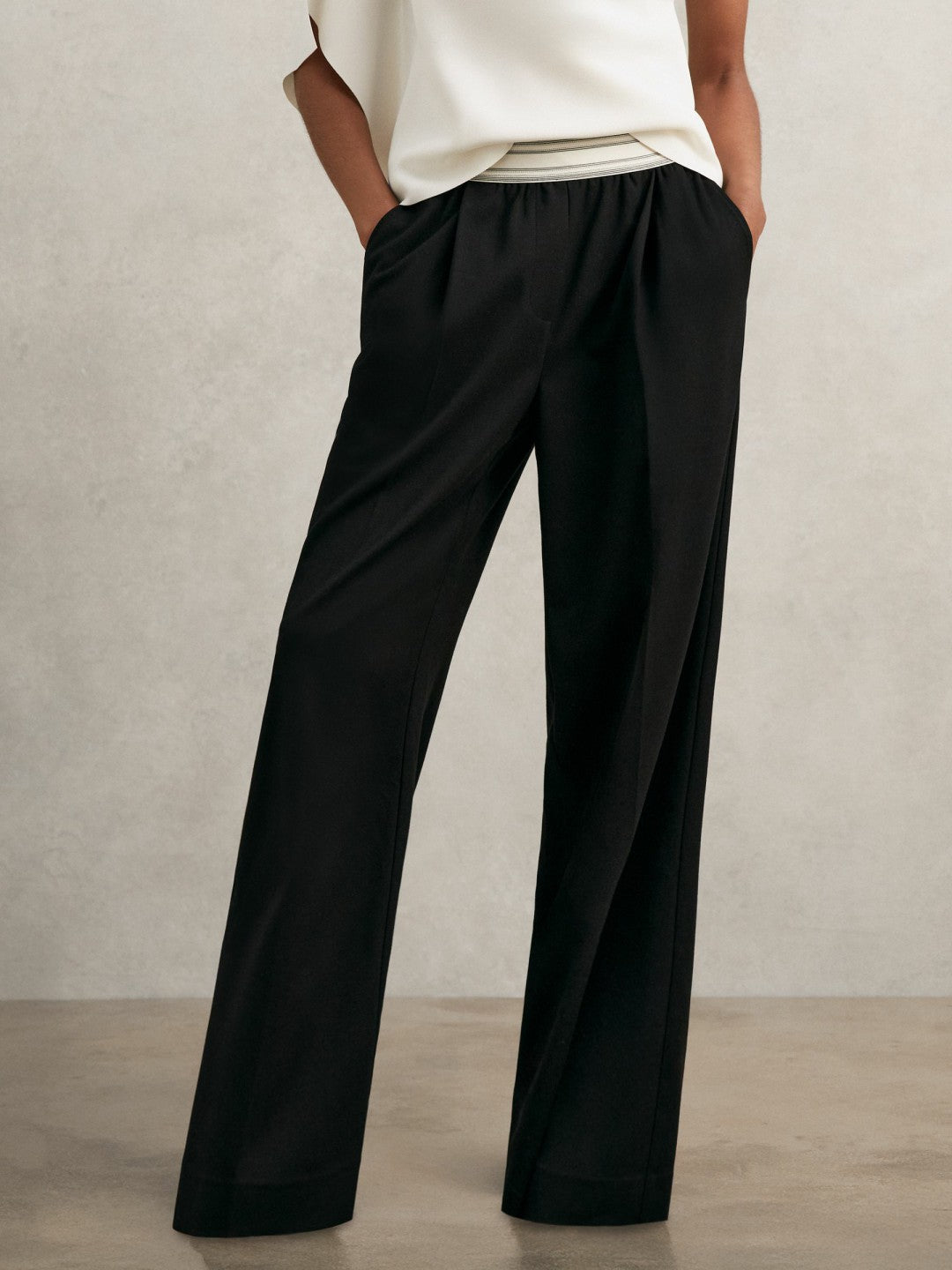 Reiss Wide-Leg Contrast-Waistband Trousers in Black