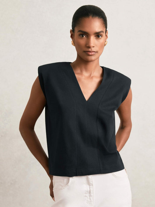 Reiss Cotton Shoulder-Pad V-Neck Top in Navy