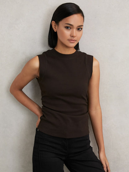Reiss Ribbed Ruched Waist Vest in Chocolate