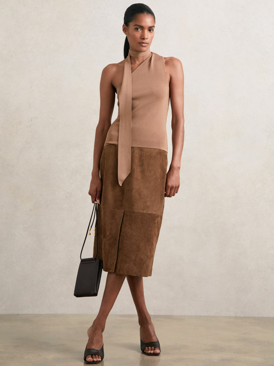 Reiss Suede Straight-Fit Midi Skirt in Tan Brown