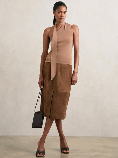 Reiss Suede Straight-Fit Midi Skirt in Tan Brown