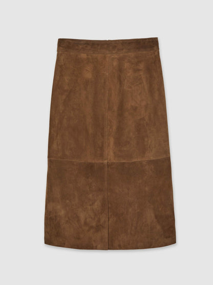 Reiss Suede Straight-Fit Midi Skirt in Tan Brown