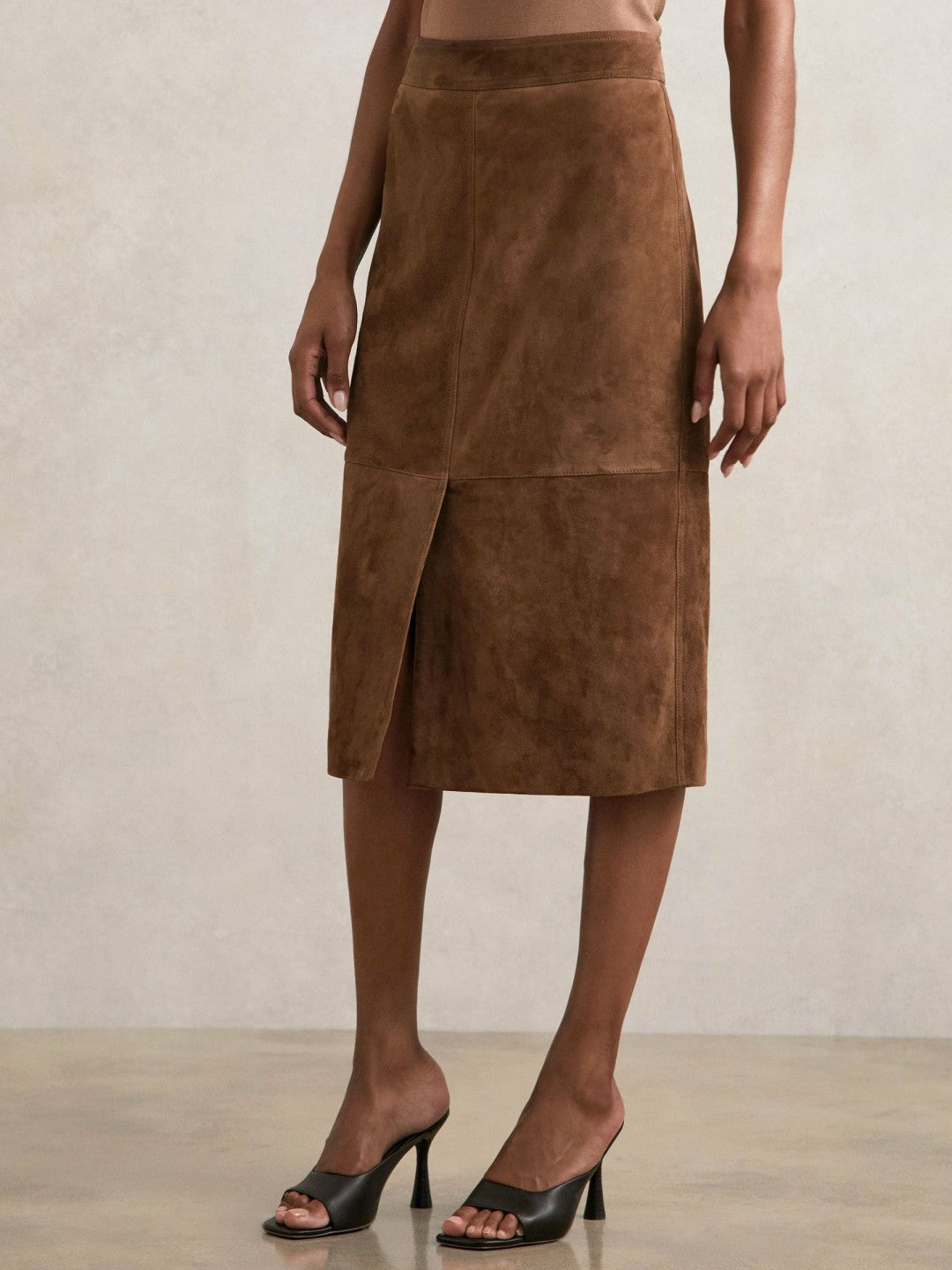 Reiss Suede Straight-Fit Midi Skirt in Tan Brown