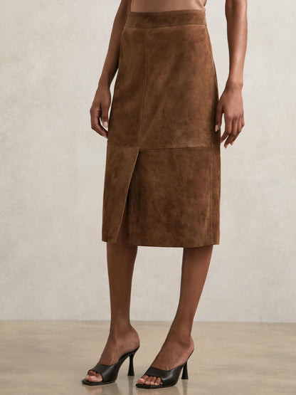 Reiss Suede Straight-Fit Midi Skirt in Tan Brown