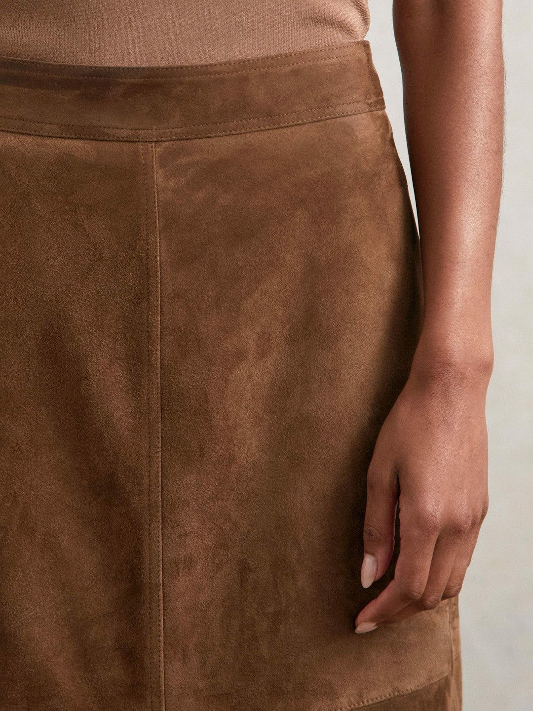 Reiss Suede Straight-Fit Midi Skirt in Tan Brown