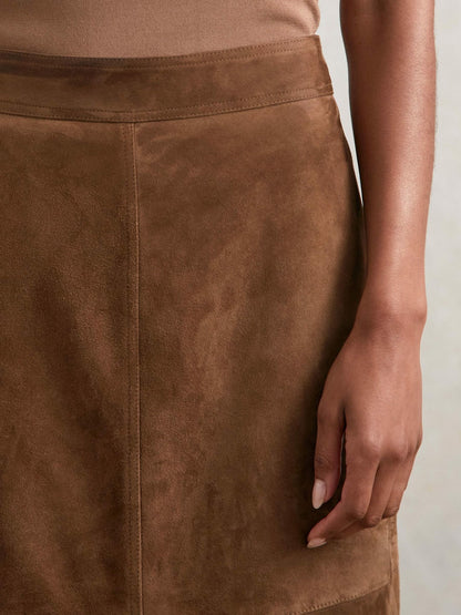 Reiss Suede Straight-Fit Midi Skirt in Tan Brown